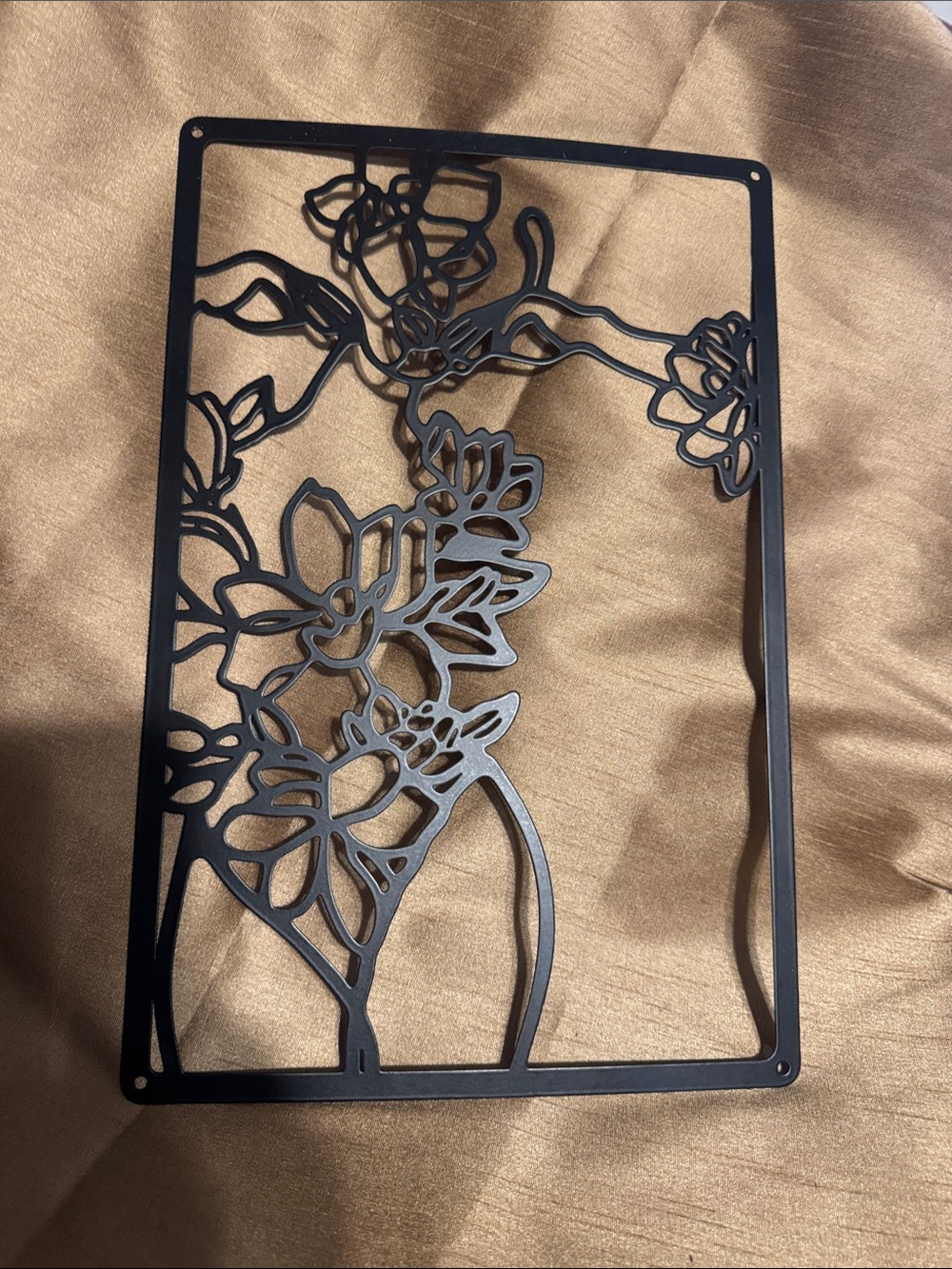 Black Floral Metal Wall Art Panel - Decorative Cutout Accent